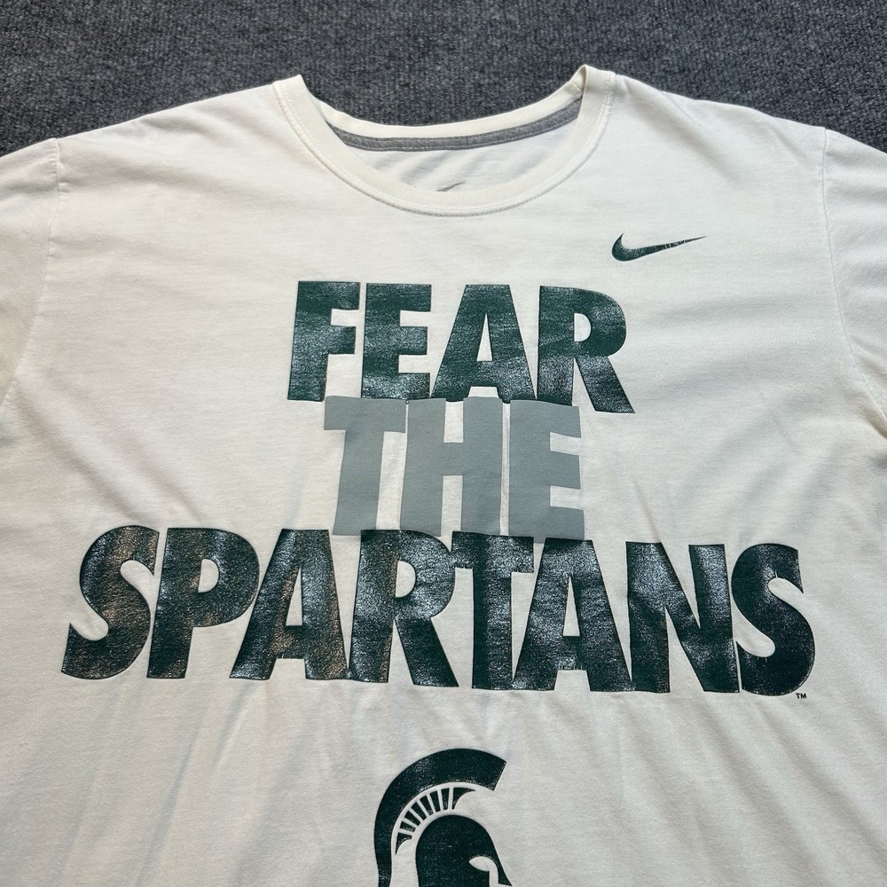 Nike Dri-Fit Size XL Michigan State Spartans White T-shirt Green Logo Crew Neck